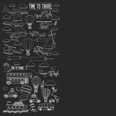 Araba Uçak Helikopter ballon gemi seyahat ve ulaşım vektör doodle kümesi