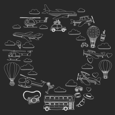 Araba Uçak Helikopter ballon gemi seyahat ve ulaşım vektör doodle kümesi