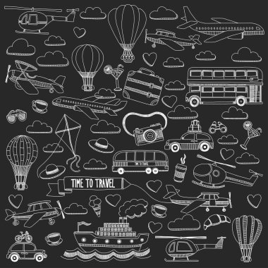 Araba Uçak Helikopter ballon gemi seyahat ve ulaşım vektör doodle kümesi