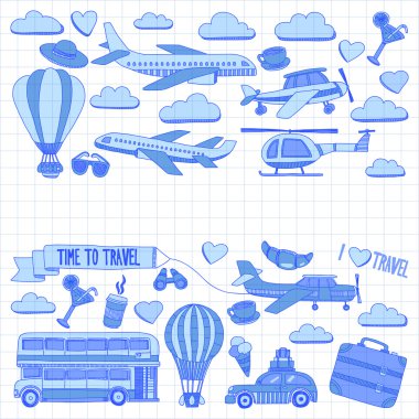 Araba Uçak Helikopter ballon gemi seyahat ve ulaşım vektör doodle kümesi