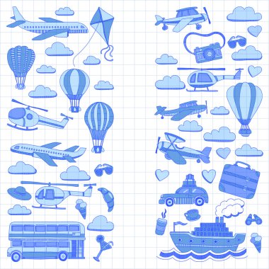 Araba Uçak Helikopter ballon gemi seyahat ve ulaşım vektör doodle kümesi