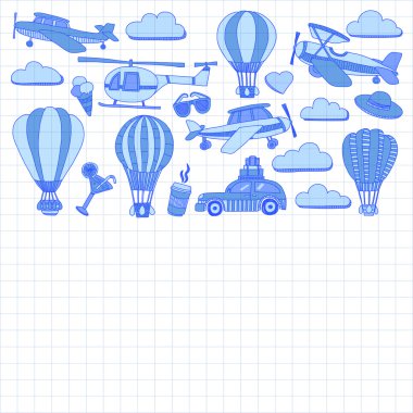 Araba Uçak Helikopter ballon gemi seyahat ve ulaşım vektör doodle kümesi