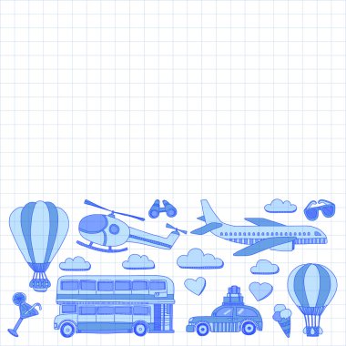 Araba Uçak Helikopter ballon gemi seyahat ve ulaşım vektör doodle kümesi