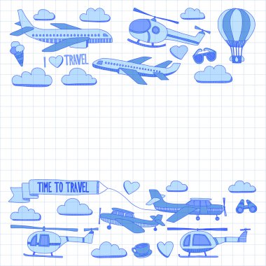 Araba Uçak Helikopter ballon gemi seyahat ve ulaşım vektör doodle kümesi