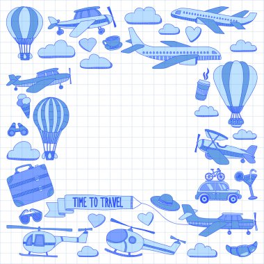 Araba Uçak Helikopter ballon gemi seyahat ve ulaşım vektör doodle kümesi