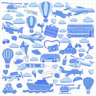 Araba Uçak Helikopter ballon gemi seyahat ve ulaşım vektör doodle kümesi