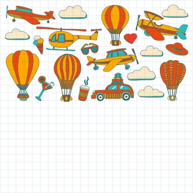 Araba Uçak Helikopter ballon gemi seyahat ve ulaşım vektör doodle kümesi
