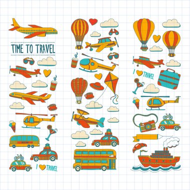 Araba Uçak Helikopter ballon gemi seyahat ve ulaşım vektör doodle kümesi