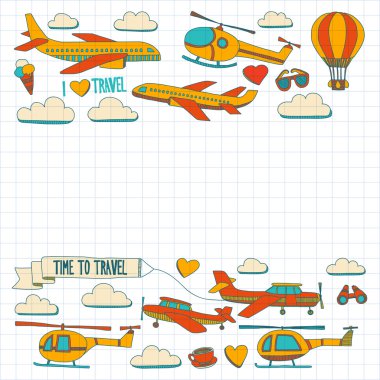 Araba Uçak Helikopter ballon gemi seyahat ve ulaşım vektör doodle kümesi