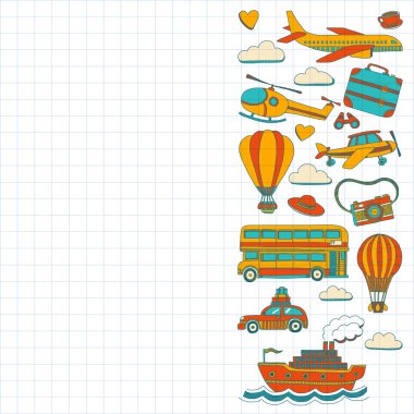 Araba Uçak Helikopter ballon gemi seyahat ve ulaşım vektör doodle kümesi