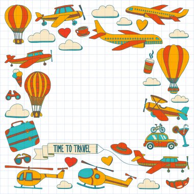 Araba Uçak Helikopter ballon gemi seyahat ve ulaşım vektör doodle kümesi