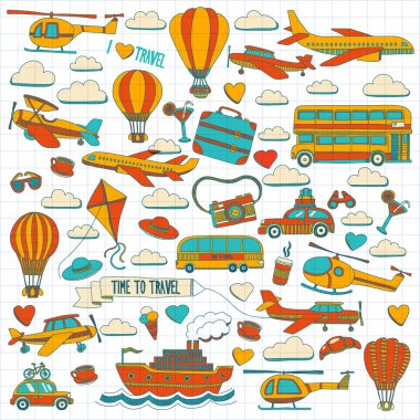Araba Uçak Helikopter ballon gemi seyahat ve ulaşım vektör doodle kümesi