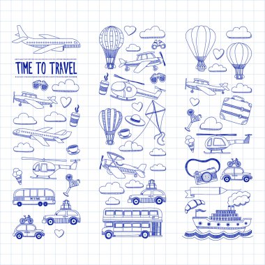 Araba Uçak Helikopter ballon gemi seyahat ve ulaşım vektör doodle kümesi