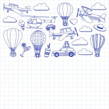 Araba Uçak Helikopter ballon gemi seyahat ve ulaşım vektör doodle kümesi