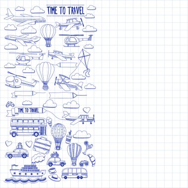 Araba Uçak Helikopter ballon gemi seyahat ve ulaşım vektör doodle kümesi