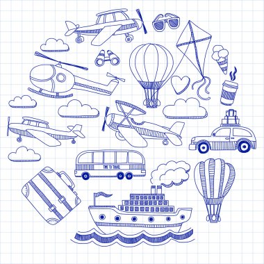 Araba Uçak Helikopter ballon gemi seyahat ve ulaşım vektör doodle kümesi