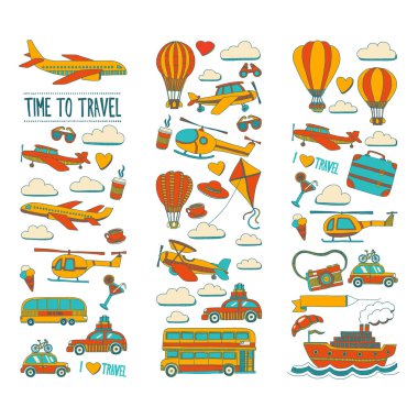 Araba Uçak Helikopter ballon gemi seyahat ve ulaşım vektör doodle kümesi