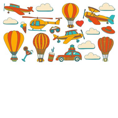Araba Uçak Helikopter ballon gemi seyahat ve ulaşım vektör doodle kümesi