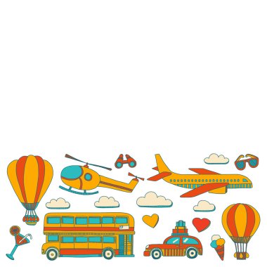 Araba Uçak Helikopter ballon gemi seyahat ve ulaşım vektör doodle kümesi