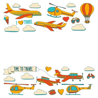 Araba Uçak Helikopter ballon gemi seyahat ve ulaşım vektör doodle kümesi