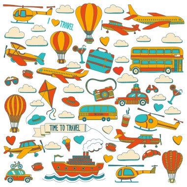 Araba Uçak Helikopter ballon gemi seyahat ve ulaşım vektör doodle kümesi