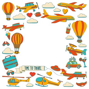 Araba Uçak Helikopter ballon gemi seyahat ve ulaşım vektör doodle kümesi