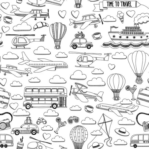 Reizen en vervoer auto vliegtuig helikopter ballon schip set vector doodle — Stockvector