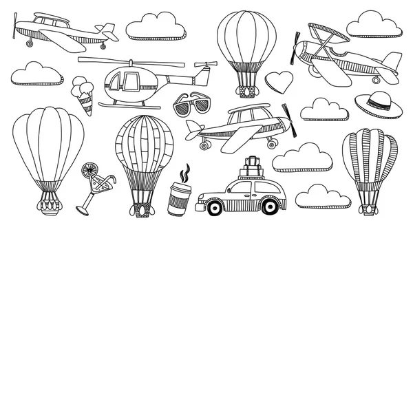 Araba Uçak Helikopter ballon gemi seyahat ve ulaşım vektör doodle kümesi