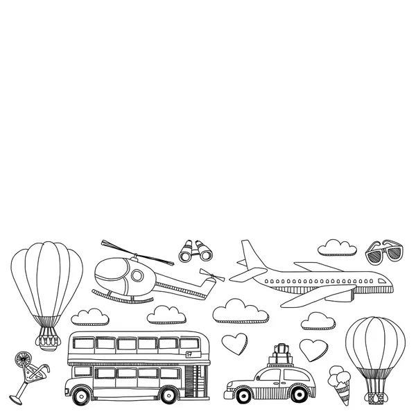 Araba Uçak Helikopter ballon gemi seyahat ve ulaşım vektör doodle kümesi