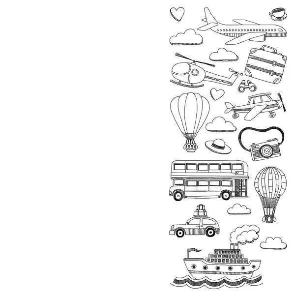 Vector doodle conjunto de viajes y transporte Avión de coche helicóptero ballon buque — Vector de stock
