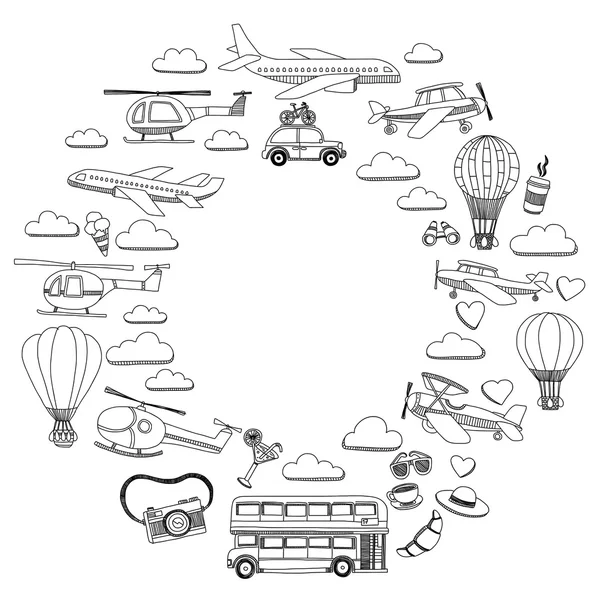Vector doodle conjunto de viagem e transporte Carro avião helicóptero balão navio — Vetor de Stock