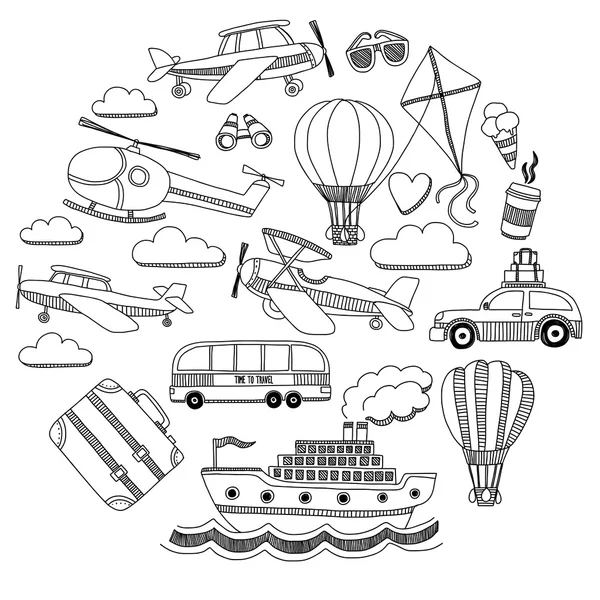 Vektor-Doodle-Set von Reise und Transport Auto Flugzeug Hubschrauber Ballon-Schiff — Stockvektor