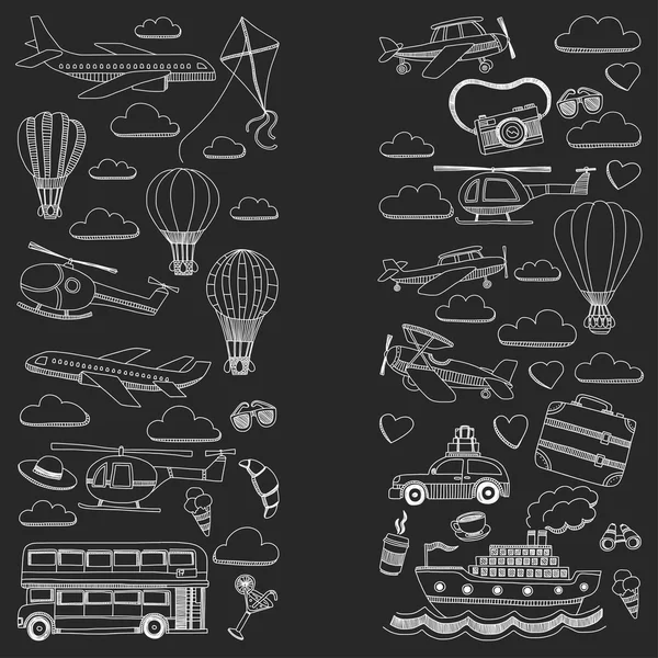 Araba Uçak Helikopter ballon gemi seyahat ve ulaşım vektör doodle kümesi