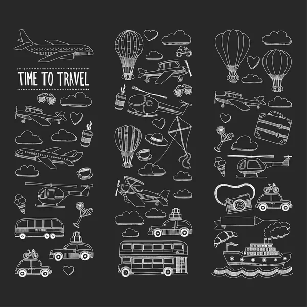 Araba Uçak Helikopter ballon gemi seyahat ve ulaşım vektör doodle kümesi
