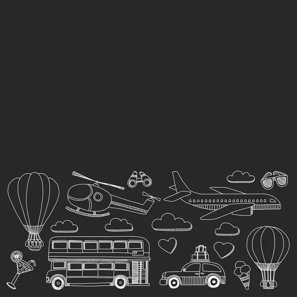 Araba Uçak Helikopter ballon gemi seyahat ve ulaşım vektör doodle kümesi