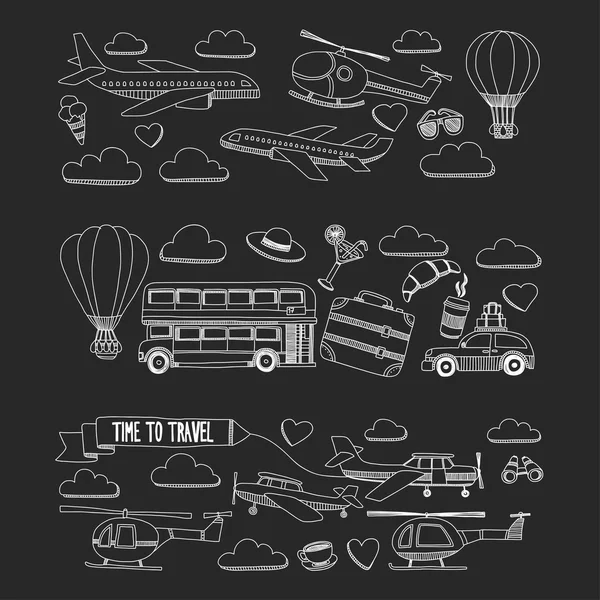 Reizen en vervoer auto vliegtuig helikopter ballon schip set vector doodle — Stockvector