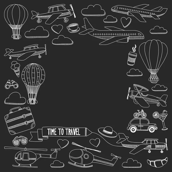Φορέα doodle που του ταξιδιού και συγκοινωνία αυτοκίνητο αεροπλάνο ελικόπτερο ballon πλοίου — Διανυσματικό Αρχείο