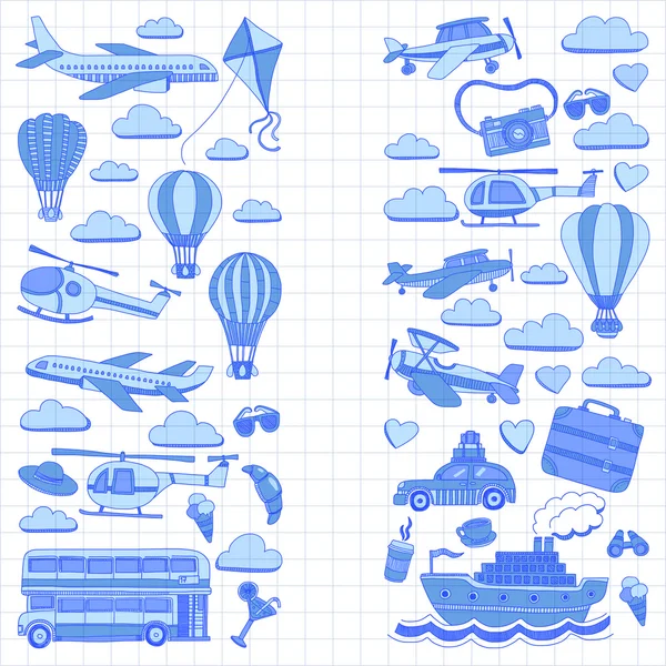 旅行と交通の車飛行機ヘリコプター気球船のベクトル落書きセット — ストックベクタ
