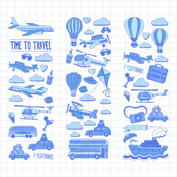 Reizen en vervoer auto vliegtuig helikopter ballon schip set vector doodle — Stockvector