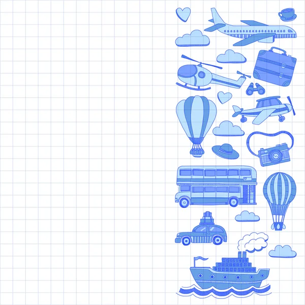 Vektor-Doodle-Set von Reise und Transport Auto Flugzeug Hubschrauber Ballon-Schiff — Stockvektor