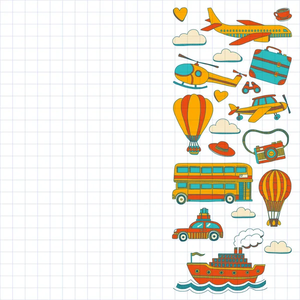Araba Uçak Helikopter ballon gemi seyahat ve ulaşım vektör doodle kümesi