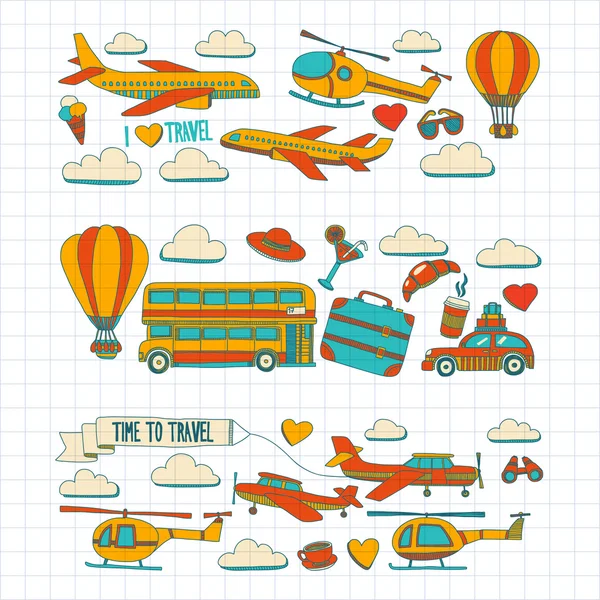 Φορέα doodle που του ταξιδιού και συγκοινωνία αυτοκίνητο αεροπλάνο ελικόπτερο ballon πλοίου — Διανυσματικό Αρχείο