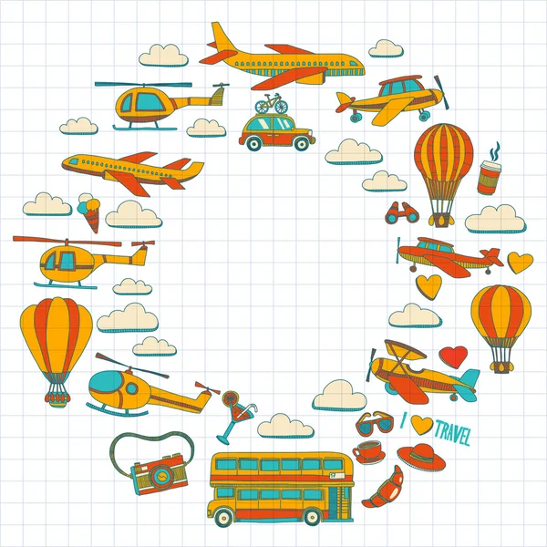 Araba Uçak Helikopter ballon gemi seyahat ve ulaşım vektör doodle kümesi