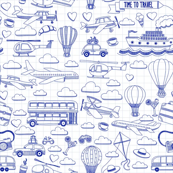 Vektor doodle sada cestování a doprava auto letadlo vrtulník ballon lodi — Stockový vektor