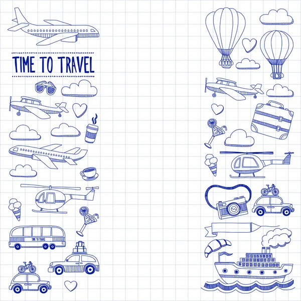 Reizen en vervoer auto vliegtuig helikopter ballon schip set vector doodle — Stockvector