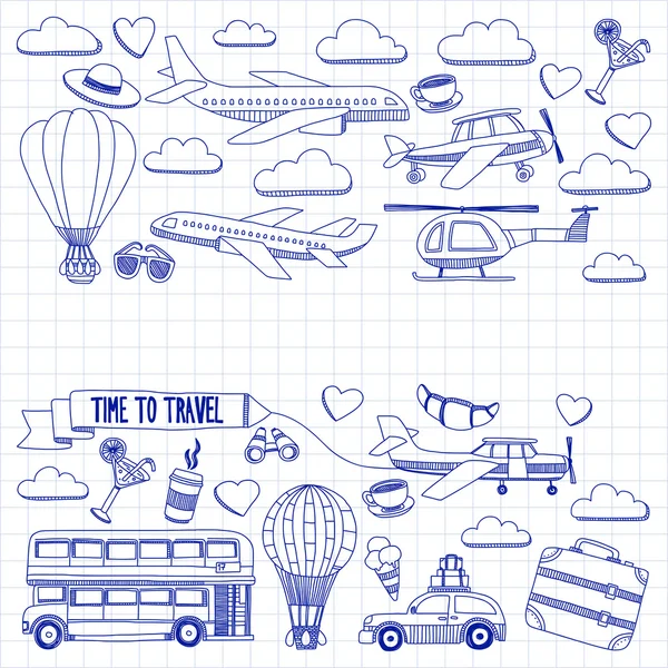 Vektor-Doodle-Set von Reise und Transport Auto Flugzeug Hubschrauber Ballon-Schiff — Stockvektor