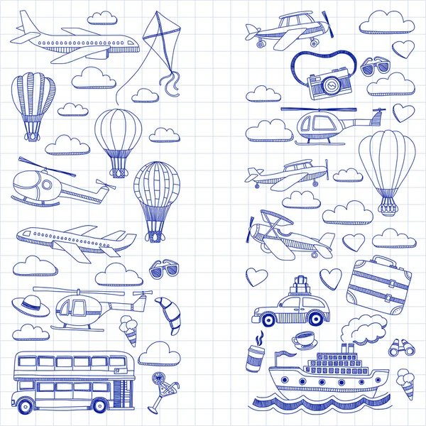 Vektor-Doodle-Set von Reise und Transport Auto Flugzeug Hubschrauber Ballon-Schiff — Stockvektor