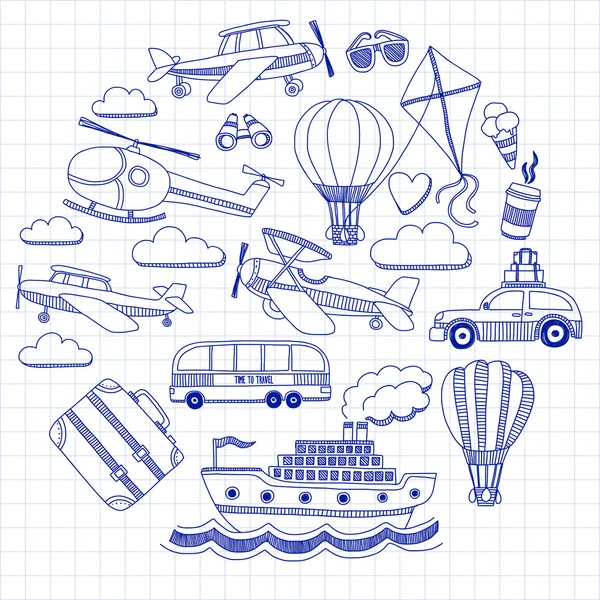 旅行と交通の車飛行機ヘリコプター気球船のベクトル落書きセット — ストックベクタ