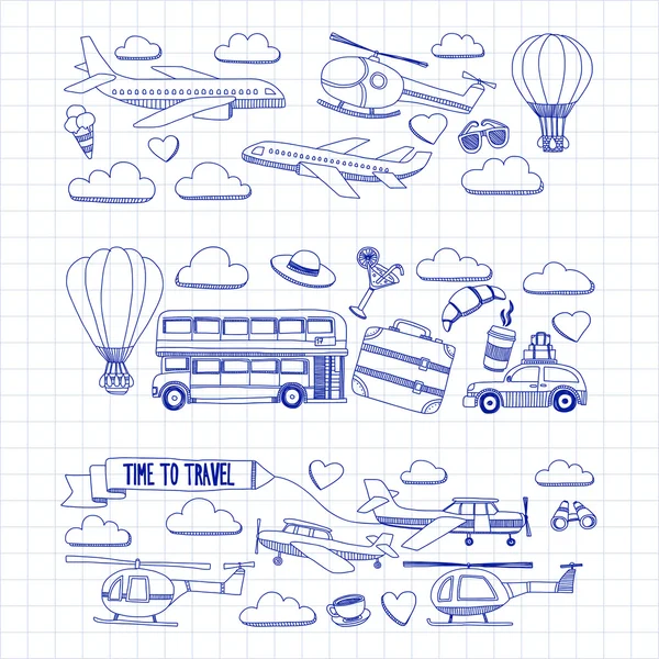 Araba Uçak Helikopter ballon gemi seyahat ve ulaşım vektör doodle kümesi — Stok Vektör
