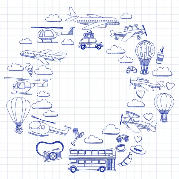 Vektor doodle készlet, utazási és szállítási autó sík helikopter ballon hajó — Stock Vector